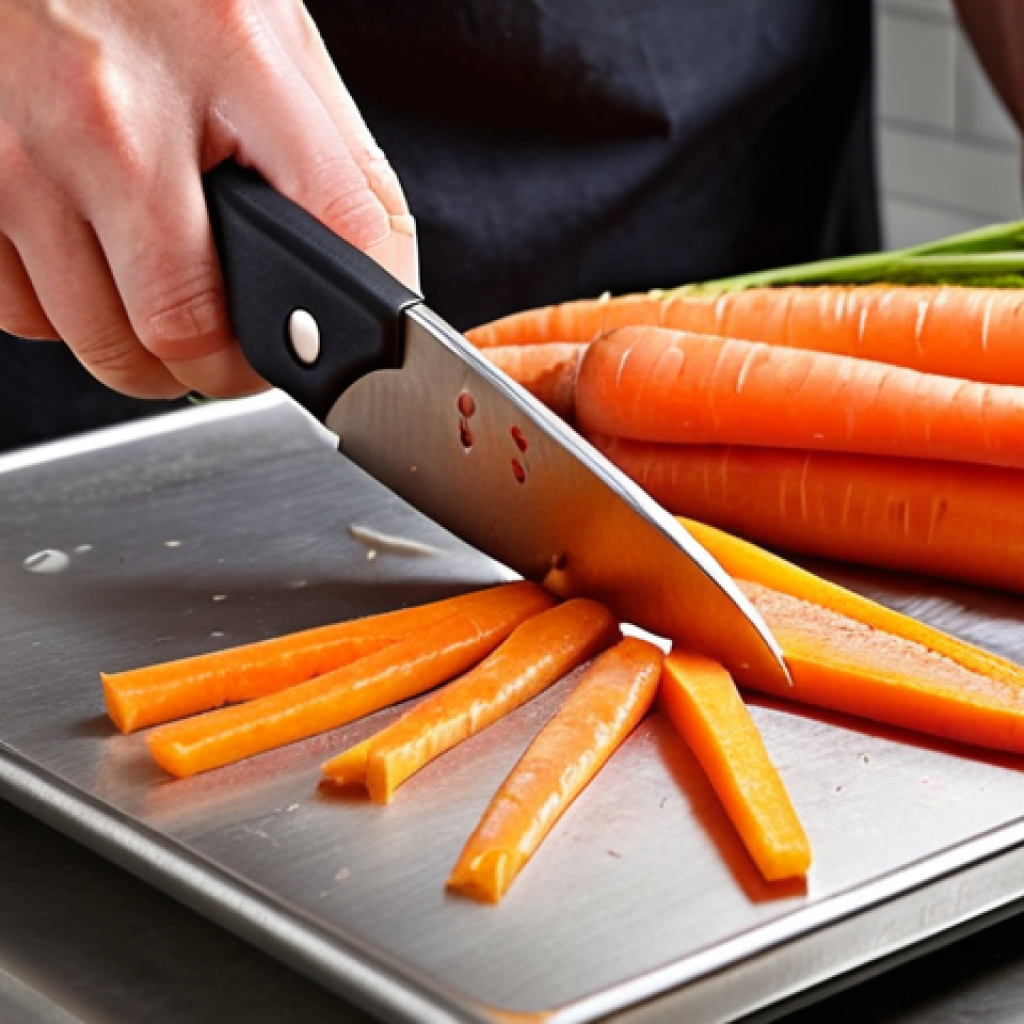 Knife Skills**

A close-up shot of hands expertly using a knife to julienne carrots. Focus on the precision and thinness of the carrot sticks. The background is a clean, stainless steel kitchen surface with scattered carrot peels. Add a subtle motion blur to the knife to emphasize the speed and skill. The lighting is bright and focused, highlighting the texture of the carrots and the sharpness of the knife. "Kalguksu" knife.

**