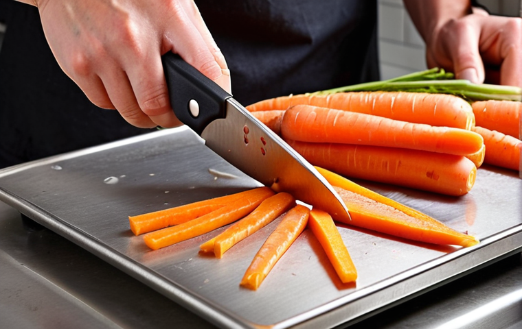 Knife Skills**
A close-up shot of hands expertly using a knife to julienne carrots. Focus on the precision and thinness of the carrot sticks. The background is a clean, stainless steel kitchen surface with scattered carrot peels. Add a subtle motion blur to the knife to emphasize the speed and skill. The lighting is bright and focused, highlighting the texture of the carrots and the sharpness of the knife. "Kalguksu" knife.
**
